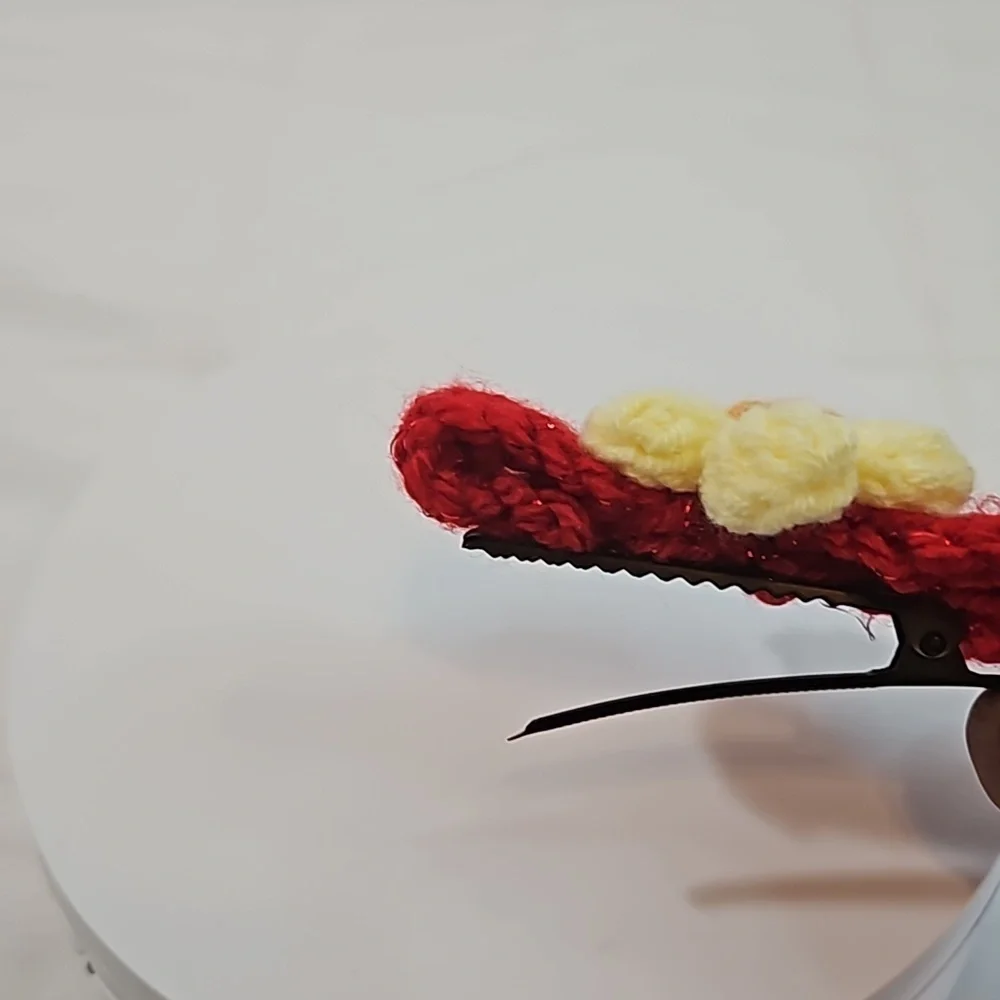 Hand Crafted Hand Knit Crochet Bow Hair Clip Red & Yellow puffy crocheted flower